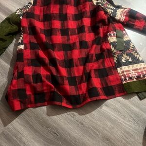 Red and Black Plaid Jacket with Patterned Sleeves